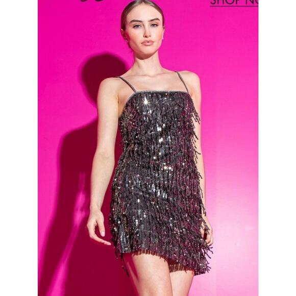 NWT $1000 Alice + Olivia Chicago Sequin Fringe Mini Dress Gunmetal Silver Sz 0 - Picture 5 of 16